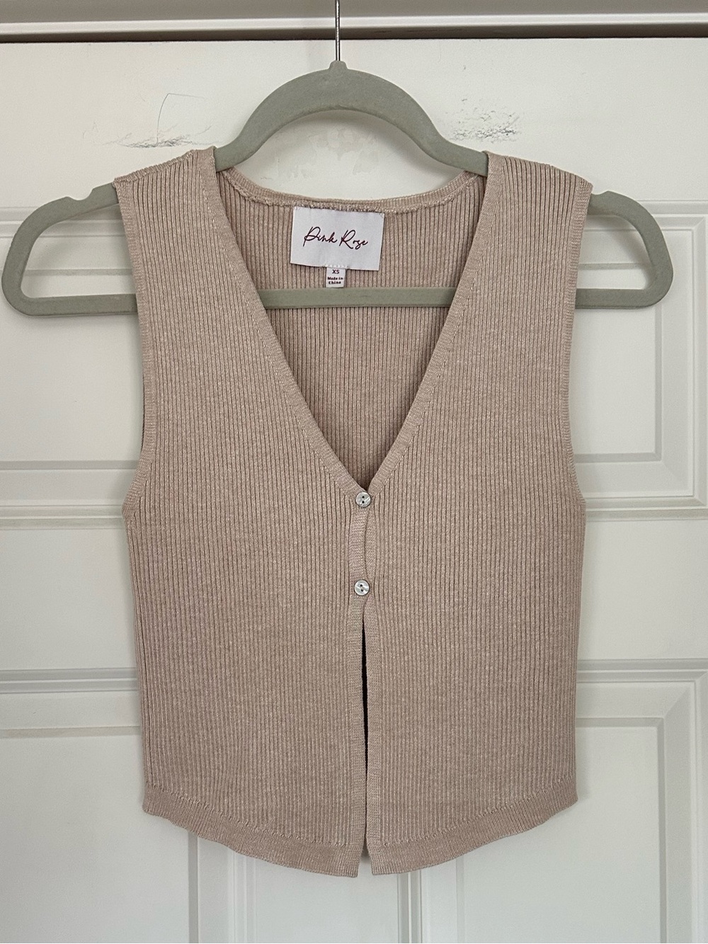 Ribbed V-Neck Button Front Tank - Beige